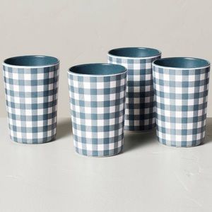 HEARTH & HAND NEW 4pc. Gingham bamboo melamine tumbler set -blue/cream -12oz